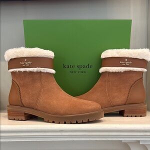 Kate Spade Bailee Winter Brown Suede Ankle Boots with Faux Fur Trim Size 6